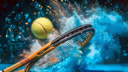 macro detail of a yellow tennis ball hitting a racket, rainbow powder.