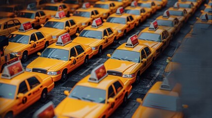 Many yellow taxis are coming from a distance.