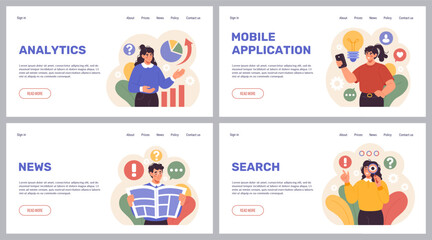 Corporate work landing page. Office people. Website design template. Mobile application. Data infographic analytics. Business news. Idea and decision search. Project management. Vector backgrounds set