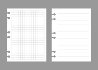Set of notebook sheets isolated on gray background. Realistic white blanks of checkered and lined paper. Different vertical pages from diary. Vector template.