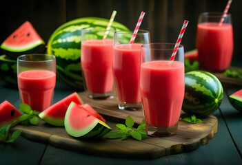 A glass of watermelon smoothie on a wooden table with a slice of watermelon next to it. 