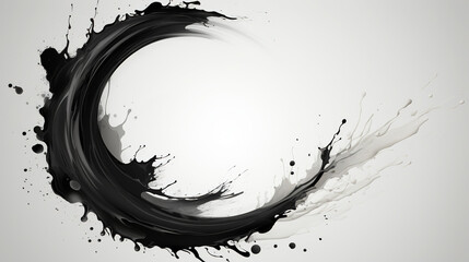 Black Color Oil Paint Spilling Over on Canvas in Chinese Style Circular Traces Thick Line White Background