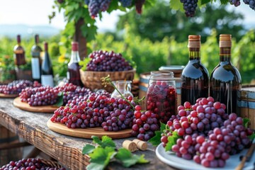 Ripe grapes and wine bottles on a wooden table, with a scenic vineyard backdrop bathed in the warm...