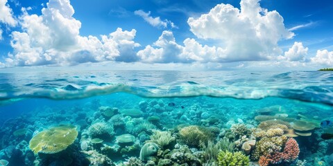 Above and below surface of the Caribbean sea with coral reef underwater and a cloudy blue sky.