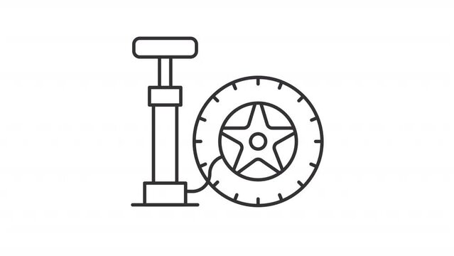 Animated air pump icon. Car tire and hand pump line animation. Maintenance service. Tire pressure. Black illustration on white background. HD video with alpha channel. Motion graphic