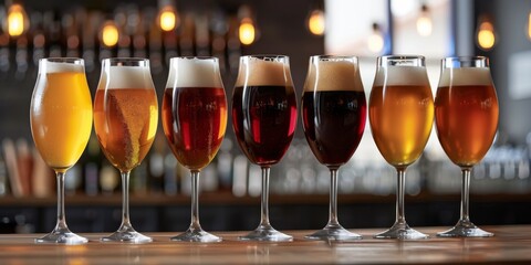 Assortment of craft beer in glasses on bar counter