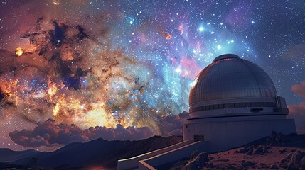 Obraz premium Space Observatory: At the space observatory, astronomers use powerful telescopes to gaze into the cosmos, capturing stunning images of distant galaxies and nebulae
