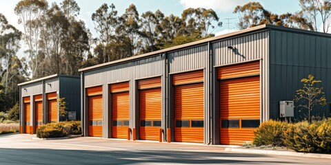 A sequence of closed roller shutter doors on a warehouse, captured during the soft glow of twilight, highlighting industrial functionality.
