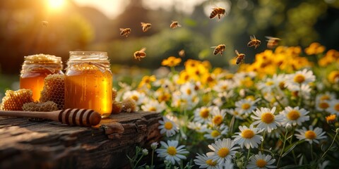Honey jars and honeycomb on a wooden table amidst flowers