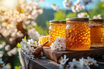 Honey jars and honeycomb on a wooden table amidst flowers