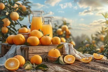 Golden sunlight bathes a rustic table laden with ripe oranges and glass jugs of fresh juice, with orange trees in the background.