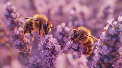 Two honeybees on a lavender flower - obrazy, fototapety, plakaty