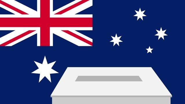 Man putting ballot in a box during elections in Australia in front of flag.