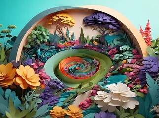 Tropical foliage themed abstract background, with paper cut art style, typical tropical colors, created with generative AI