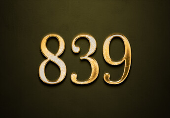 Old gold effect of 839 number with 3D glossy style Mockup.	