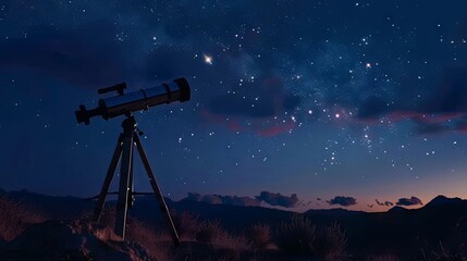 Starry night sky with telescope on mountainous landscape