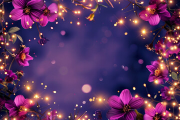 Beautiful fairy lights pattern with flowers around the frame with blank center for background