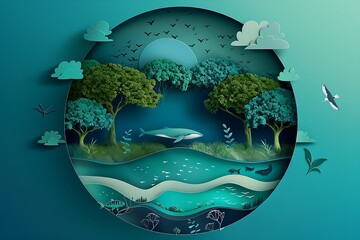 ecosystem with a circular layered design incorporating elements of land, sea, and sky.