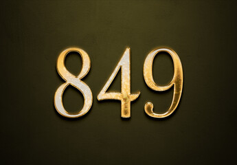 Old gold effect of 849 number with 3D glossy style Mockup.	