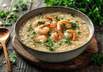 Porridge or boiled rice soup with shrimps bowl.