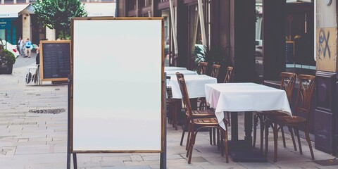 Outdoor cafe scene with blank menu board. A street-side view featuring wooden chairs and covered tables beside a large blank advertising board, ideal for menu displays or promotions.