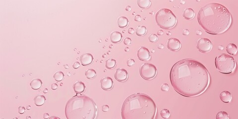 Pink water droplets. A delicate array of clear water droplets of varying sizes on a soft pink background, ideal for beauty and skincare themes.