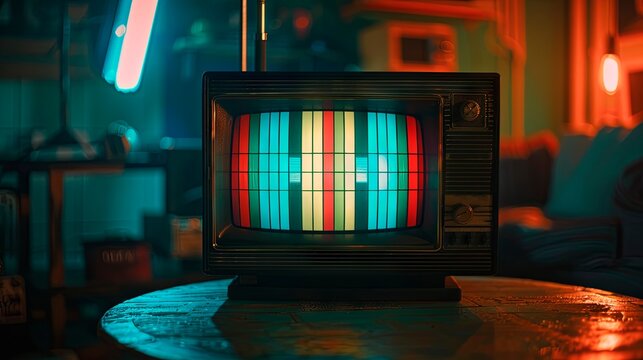 Vintage television displaying colorful test pattern in retro room
