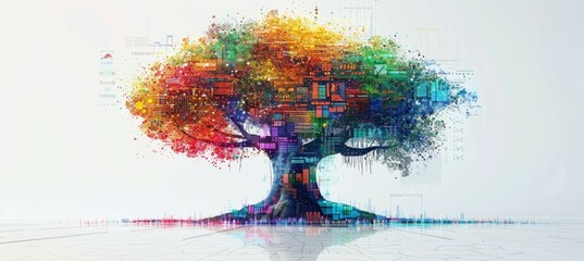 Colorful digital big banyan tree on white background. Generative AI technology.