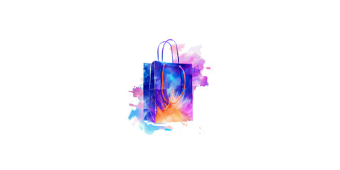 
watercolor, simple clean blue and purple paper bag with an orange glow on white background