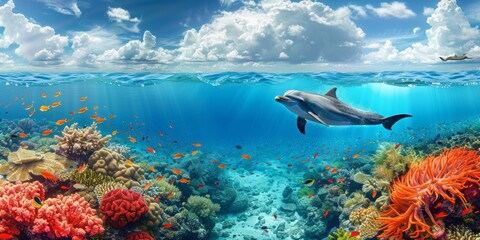 Above and below surface of the Caribbean sea with coral reef, fishes and dolphin underwater and a cloudy blue sky. © AI Studio