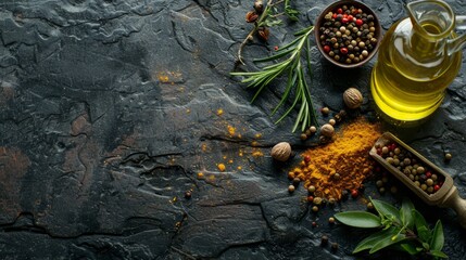 Selection of spices herbs and olive oil on dark rusty stone table  - Powered by Adobe