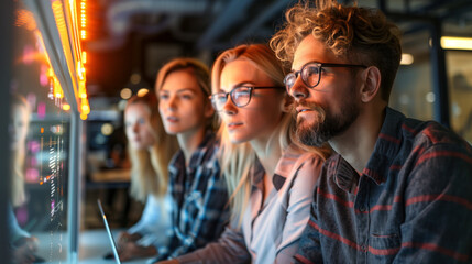 Obraz premium A dynamic team collaborates on a high-tech project in a modern workspace.