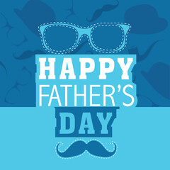 Happy Father's Day Celebration Greeting Card with Goggles, Mustache on Blue Background.