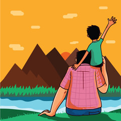 Back View Son Sitting on His Father Shoulder in Front of Beautiful Sunrise or Sunset Mountain Landscape Scene, Happy Father's Day Concept.