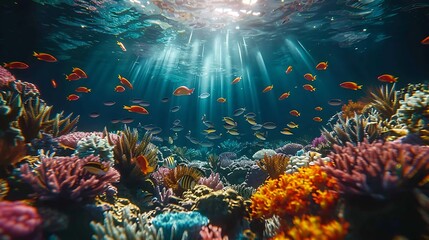 Obraz premium an underwater scene showing a stark contrast between natural aquatic life and pollution