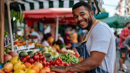 A cheerful farmer's market with a young vendor selling fresh produce and engaging with customers