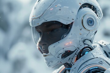 A humanoid robotic head with intricate designs and blue cool tones, suggesting advanced AI and robotics