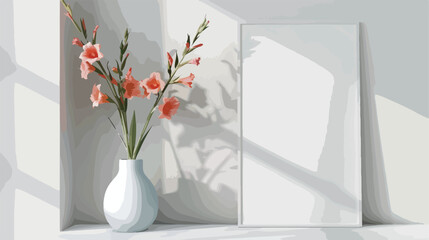 Vase with beautiful gladiolus flowers and blank post