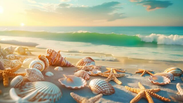 Sea shells and starfish on the beach and sea view. Summer holiday vibes, Sunny tropical beach with ocean	