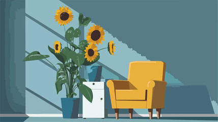 Vase with beautiful sunflowers and yellow armchair 