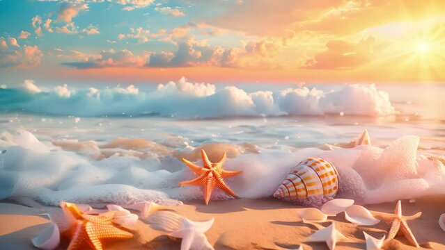 Sea shells and starfish on the beach and sea view. Summer holiday vibes, Sunny tropical beach with ocean	