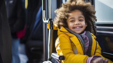 A child in a wheelchair smiling while boarding a bus via a wheelchair lift.