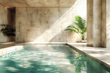 Sunlight streams through the architectural design creating an interplay of light and shadows over the serene pool waters