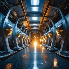 Imagine a sci-fi space station with Firefly AI units navigating through the zero-gravity environment, casting light upon the metallic corridors.