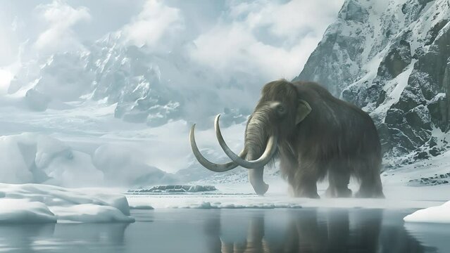 A woolly mammoth with curved tusks, Extinct prehistoric mammal walking with frozen mountain landscape on the background	