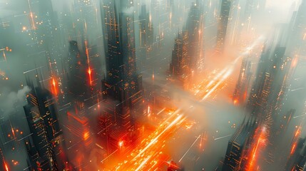 Dynamic Lighting and Warm Colors in a Futuristic Urban Environment - obrazy, fototapety, plakaty