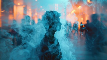 A silhouette amidst blue smoke evoking a mystical vibe