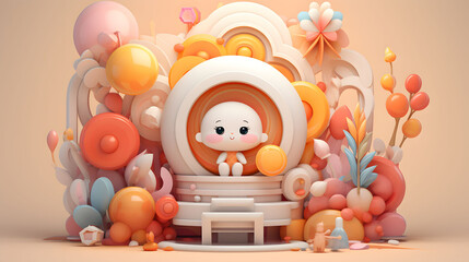 Obraz premium 3d illustration visualized a graphic of toys for kids on bright, vibrant color background in warm yellow color mood and tone.