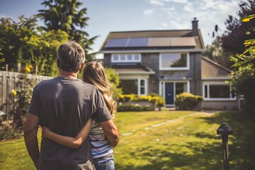 Obraz premium a father and daughter standing in their backyard, The father is pointing towards the solar panels, eco-friendly lifestyle