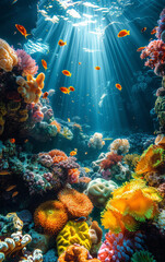 A vibrant underwater coral reef scene, with sunbeams breaking through the water's surface
